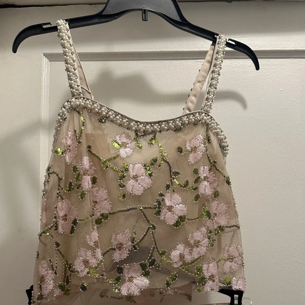 Elegant Floral Embroidered Skirt Set in Cream, Green and Pink